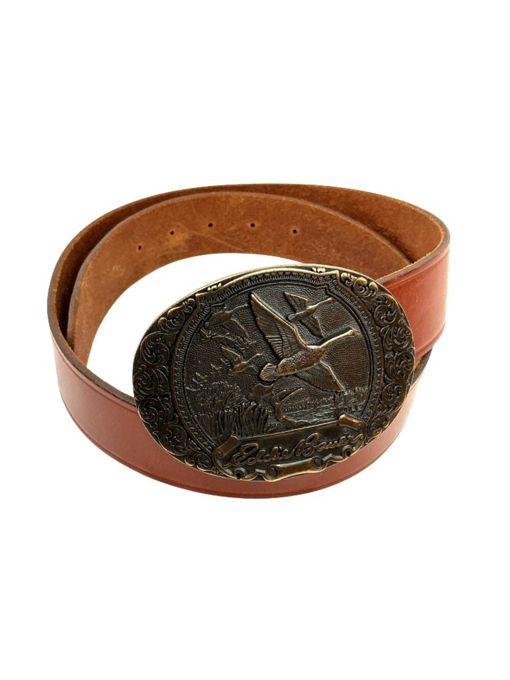 Eddie Bauer Ducks-In-Flight Design Medallion Buckle Leather Belt Mens 34 Brown